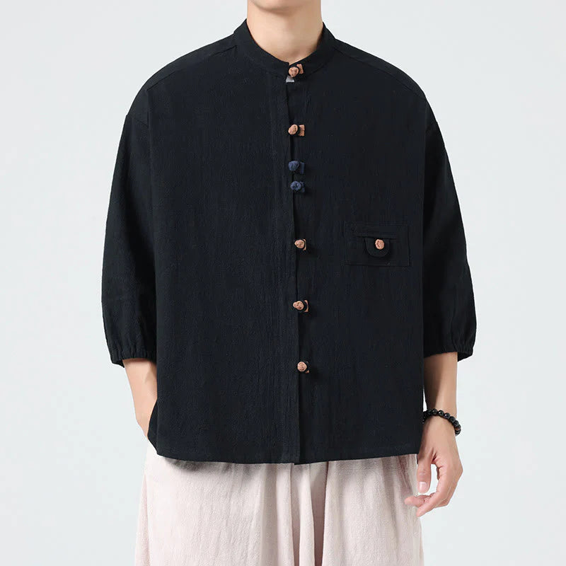 Buddha Stones Summer Frog-Button Front Stand Collar Men's Three Quarter Sleeve Cotton Shirt Cardigan With Pocket