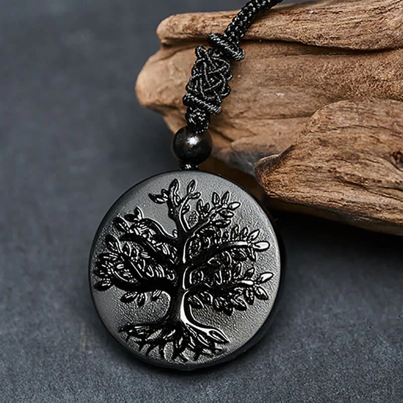 FREE Today: Transformation and Strength Natural The Tree of Life Pattern Black Obsidian Necklace Pendant