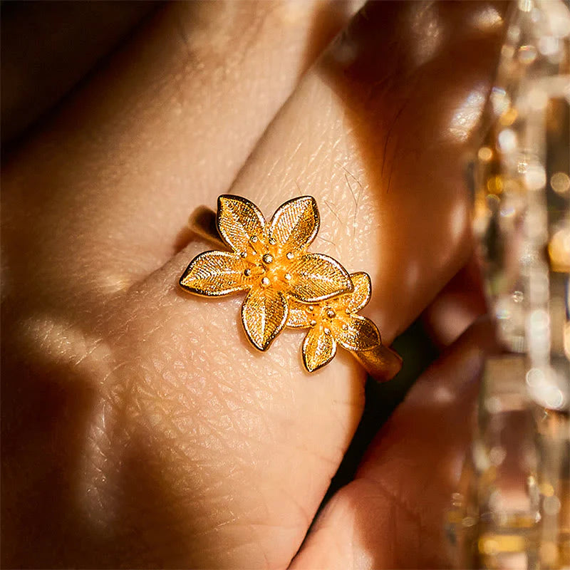 Buddha Stones Lilac Flower Adjustable 24k Gold Plated Copper Brass Ring