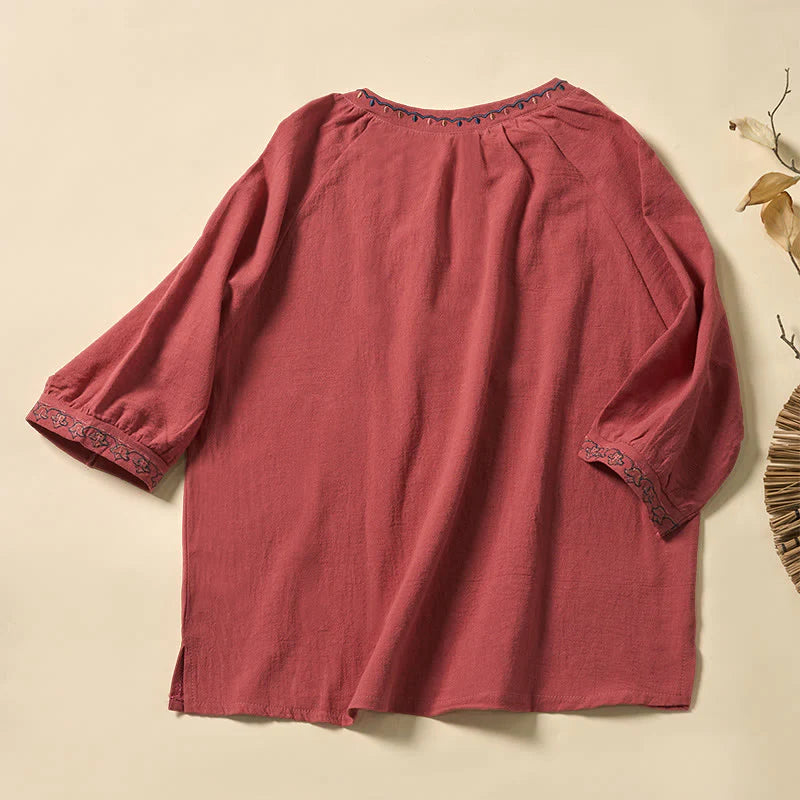 Buddha Stones Summer V-Neck Embroidery Lines Lace-up Cotton Women's Half Sleeve Shirt