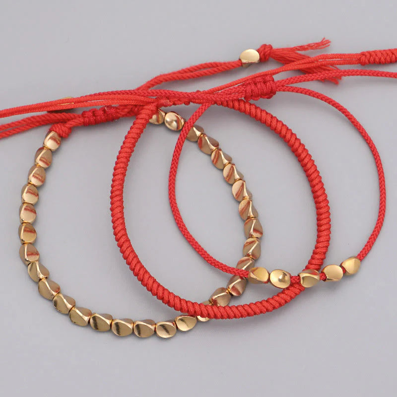 Buddha Stones 3Pcs Golden Copper Beads Red String Luck Bracelet