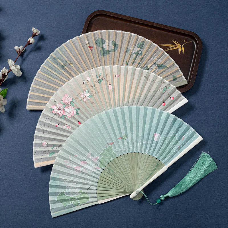 Buddha Stones Lotus Begonia Flower Jasmine Handheld Bamboo Folding Fan 21cm