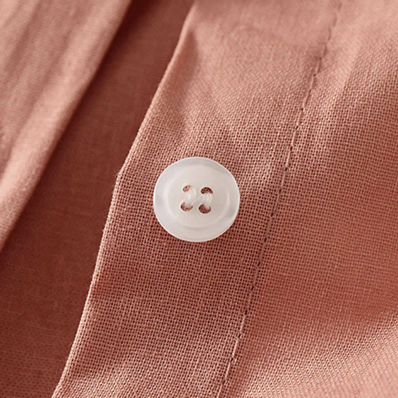 Buddha Stones Fall Solid Color Lapel Buttons Long Sleeve Cotton Midi Dress With Pockets