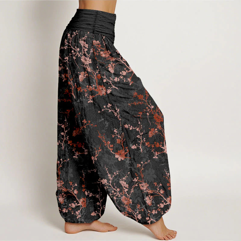 Buddha Stones Pure Cotton Blooming Flowers Branches Leaves Women's Elastic Waist Harem Pants