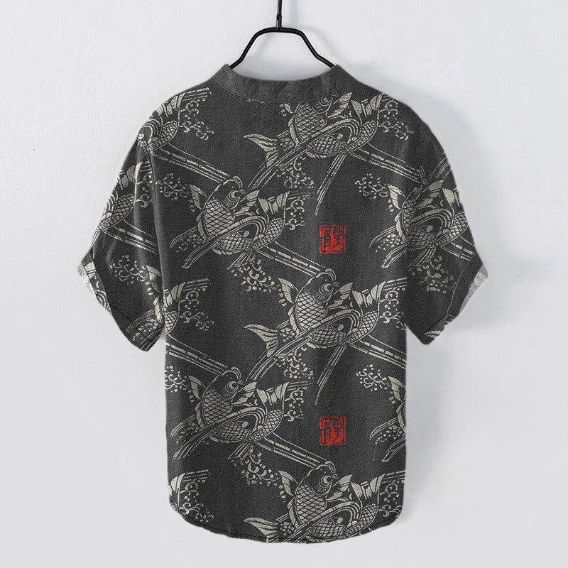 Buddha Stones Cotton Koi Fish Bamboo Pattern Men's Short Sleeve Half Button Shirt