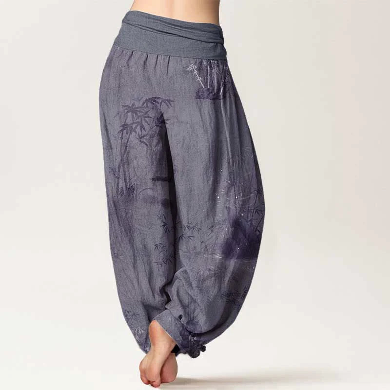 Buddha Stones Pure Cotton Casual Bamboo Rock Ink Painting Women's Elastic Waist Harem Pants