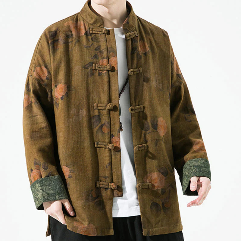 Buddha Stones Spring Printed Floral Pattern Men's Chinese Frog-button Long Sleeve Cotton Jacket