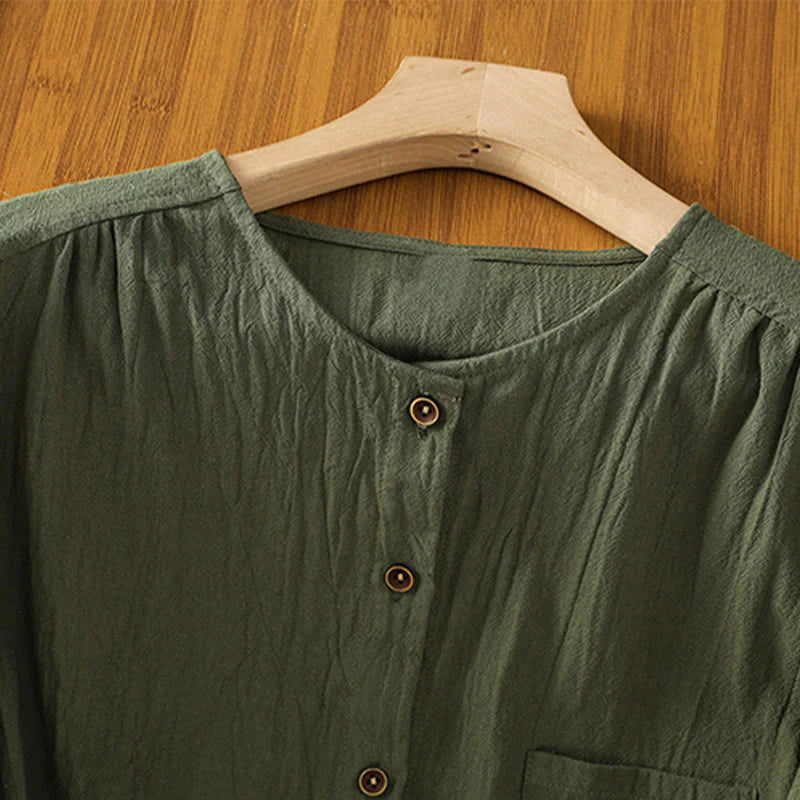 Buddha Stones Casual Plain Buttons Half Sleeve Women's Cotton Linen Shirt With Pocket