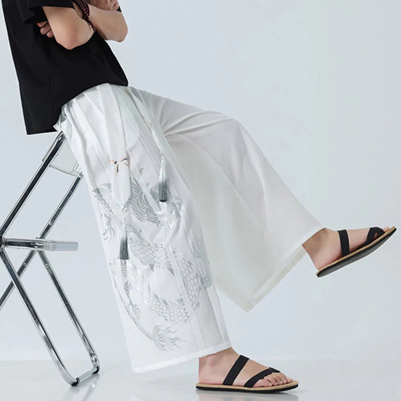 Buddha Stones Summer Dragon Drawstring Design Cotton Ankle-Length Men's Wide Leg Pants With Pockets