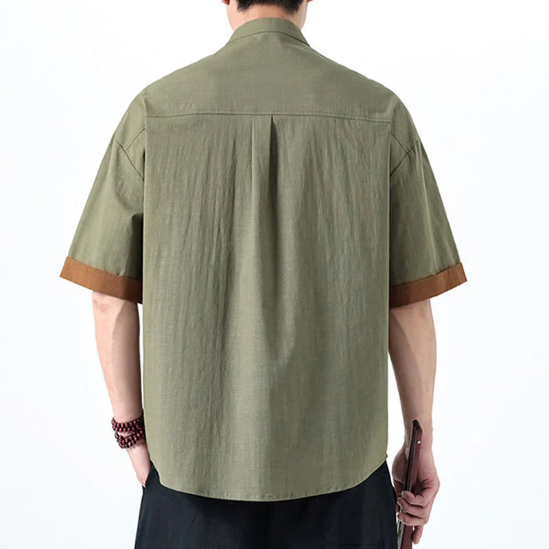 Buddha Stones Spring Color Contrast Chinese Frog-Button Design Men's Half Sleeve Cotton Linen Shirt