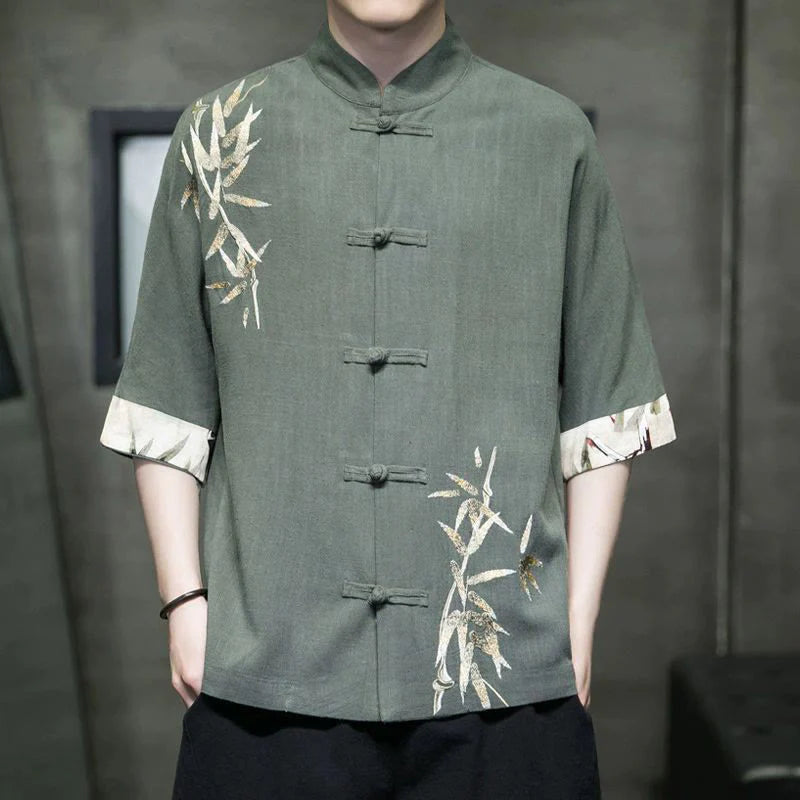 Buddha Stones Men's Frog-Button Bamboo Linen Half Sleeve Shirt