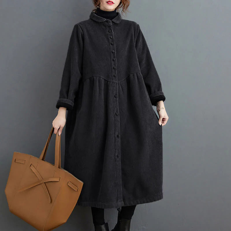 Buddha Stones Plain Buttons Long Sleeve Women's Cotton Corduroy Fleece-Lined Coat With Pockets