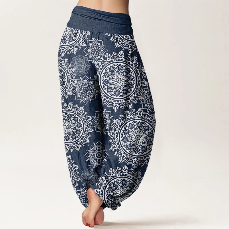 Buddha Stones Cotton Casual White Mandala Flower Design Women's Elastic Waist Harem Pants