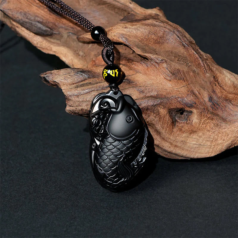 Buddha Stones Natural Black Obsidian Amphioxus Strength Necklace Pendant