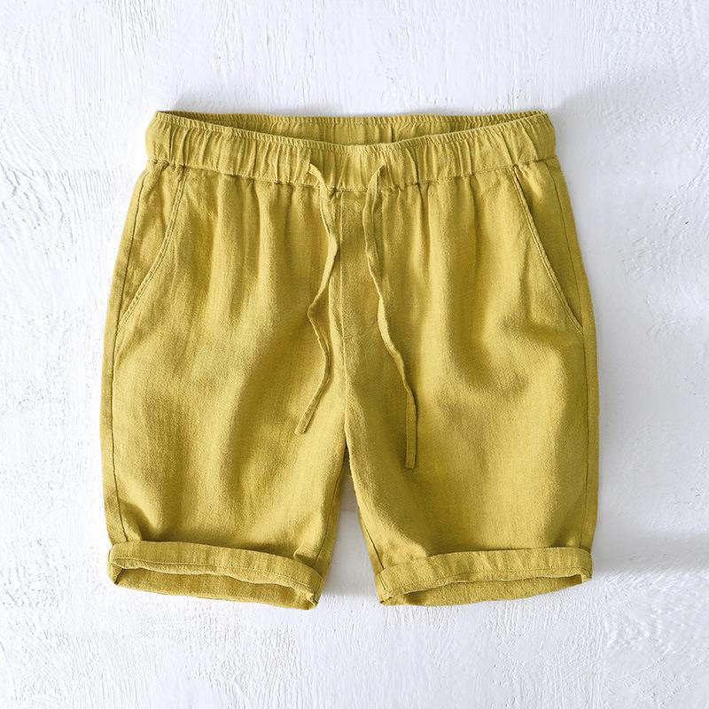 Buddha Stones Summer Solid Color Drawstring Elastic Waist Men's Cotton Linen Shorts With Pockets