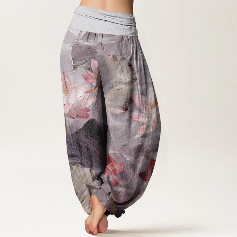 Buddha Stones Cotton Casual Lotus Petal Pond Pattern Women's Elastic Waist Harem Pants