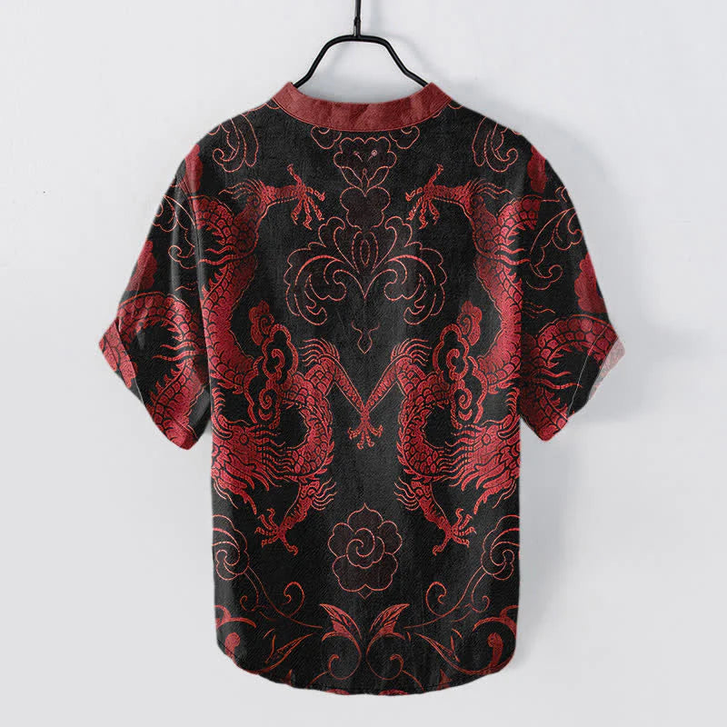 Buddha Stones Cotton Dragon Cloud Emblem Men's Short Sleeve Half Button Shirt