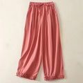 Buddha Stones Casual Ruffle Hem Patchwork Design Drawstring Ankle-length Women's Cotton Pants With Pockets