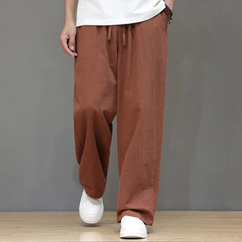 Buddha Stones Summer Men's Cotton Linen Straight Leg Pants With Pockets