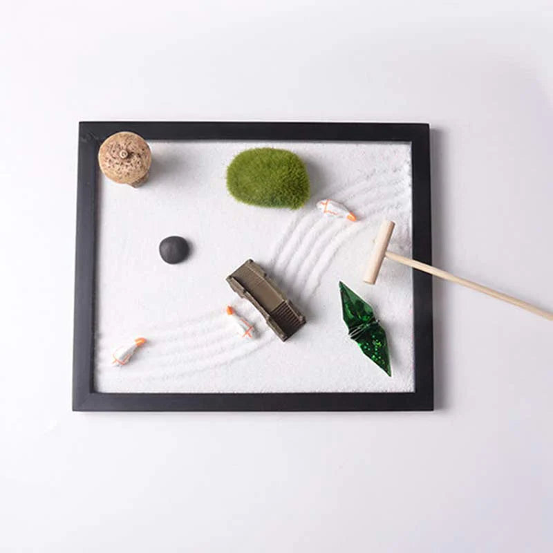 Buddha Stones Koi Fish Small Bridge Grass Landscape Peace Meditation Zen Garden Decoration