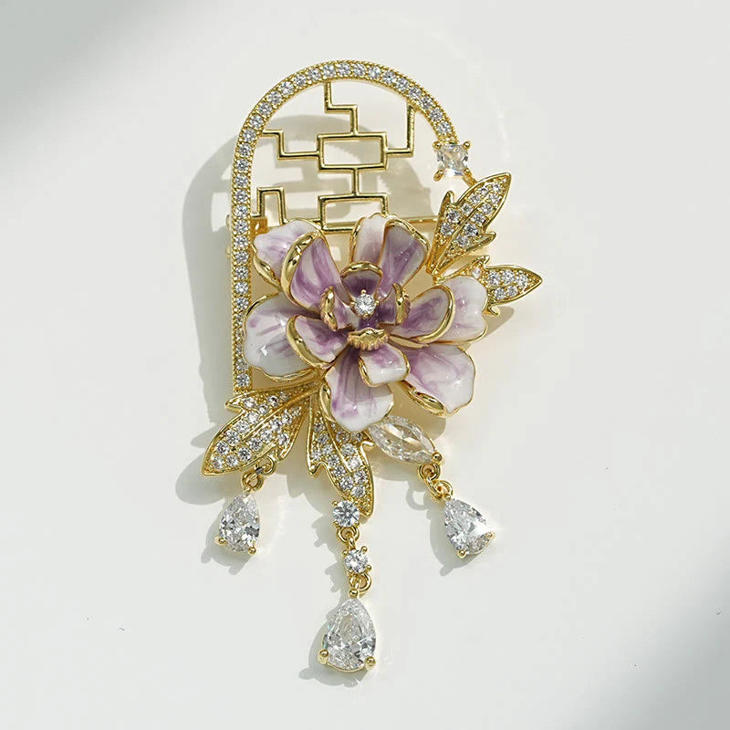 Buddha Stones Chinese-style Window Purple Peony Flower Tassel Copper Brooch
