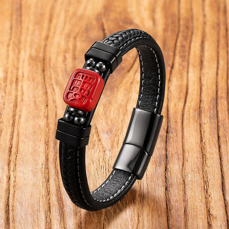Buddha Stones Cinnabar Buddha Symbol Koi Fish Dragon Fu Character Pi Xiu Design Leather Blessing Bracelet