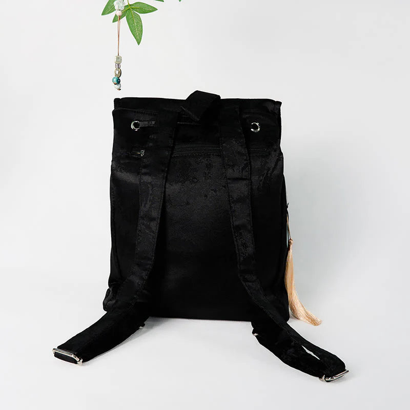 Buddha Stones Handmade Black Peony Embroidered Large Capacity Polyester Cotton Backpack