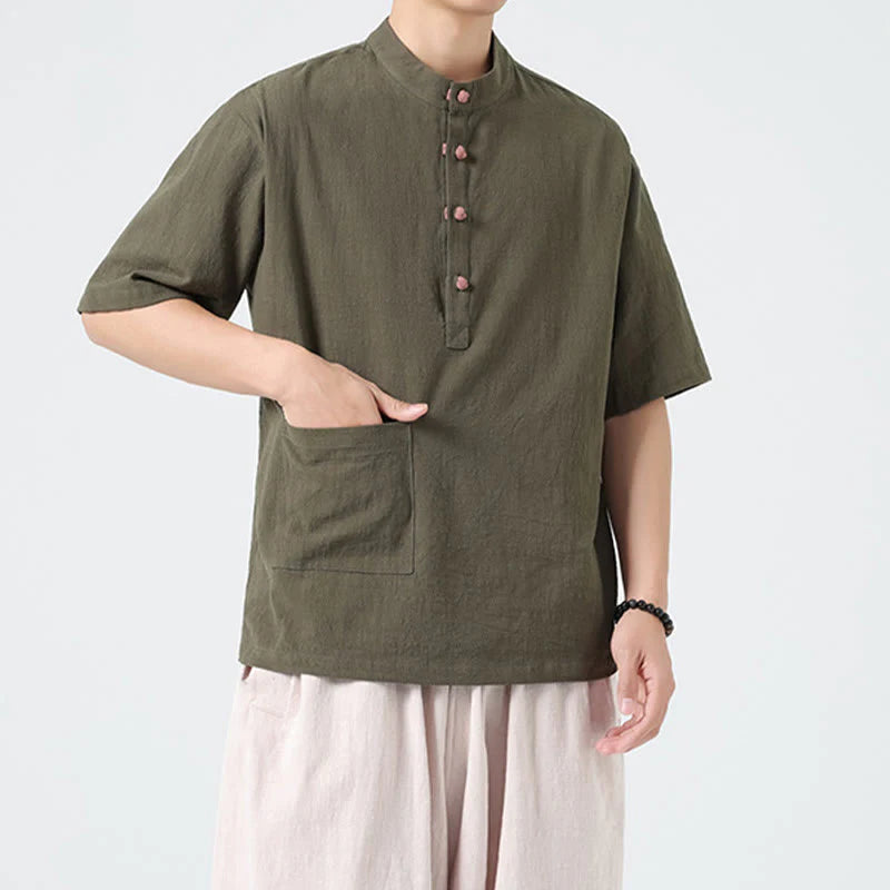 Buddha Stones Casual Half Frog-Button Design Stand Collar Tang Suit Men's Half Sleeve Cotton Shirt With Pocket
