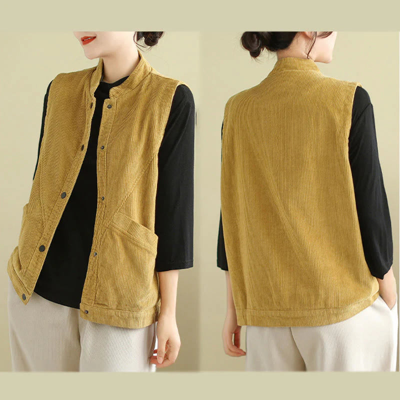 Buddha Stones Plain Sleeveless Women's Cotton Vest Corduroy Waistcoat With Pockets