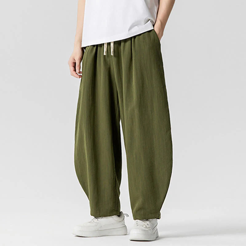 Buddha Stones Summer Pure Color Drawstring Men's Cotton Ankle-Length Pants With Pockets