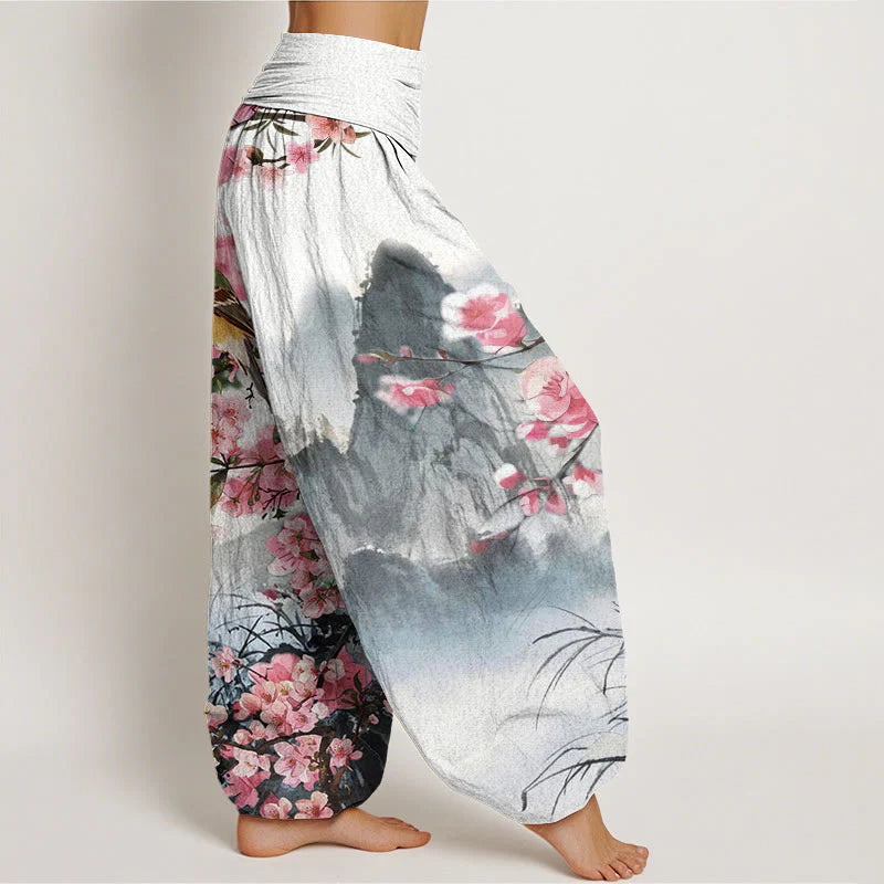 Buddha Stones Cotton Bird Cherry Blossom Mountains Pattern Women's Elastic Waist Harem Pants