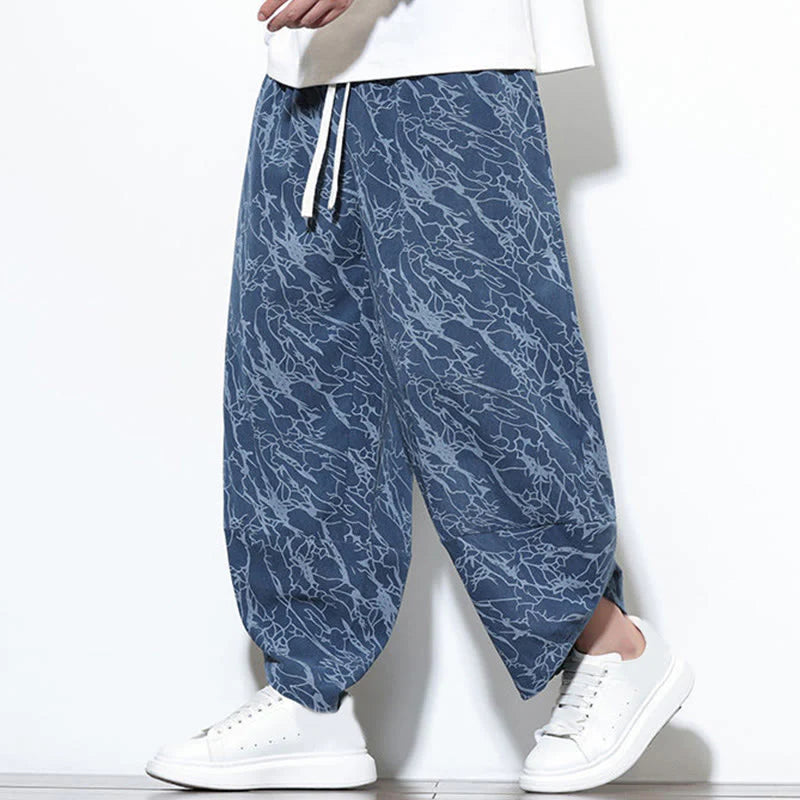 Buddha Stones Fall Textured Lines Print Cotton Elastic Waist Ankle-Length Men's Harem Pants With Pockets