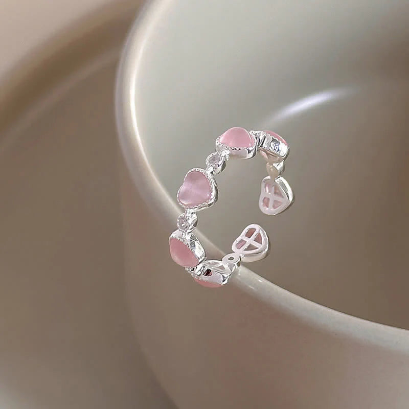 Buddha Stones 925 Sterling Silver Pink Cat's Eye Heart Design Adjustable Love Ring