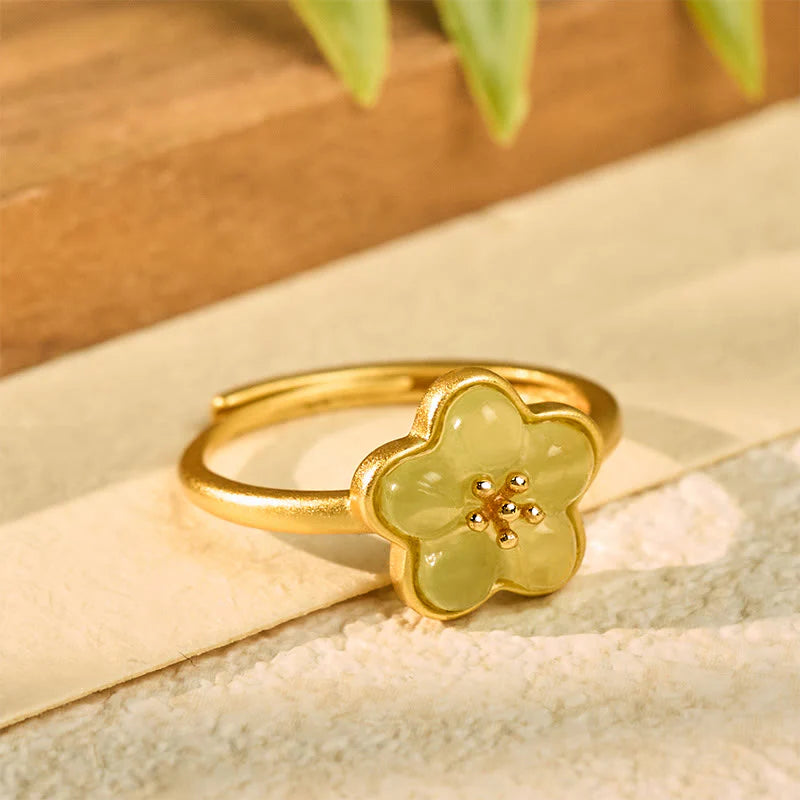 Buddha Stones Plum Blossom Hetian Jade Copper Luck Ring