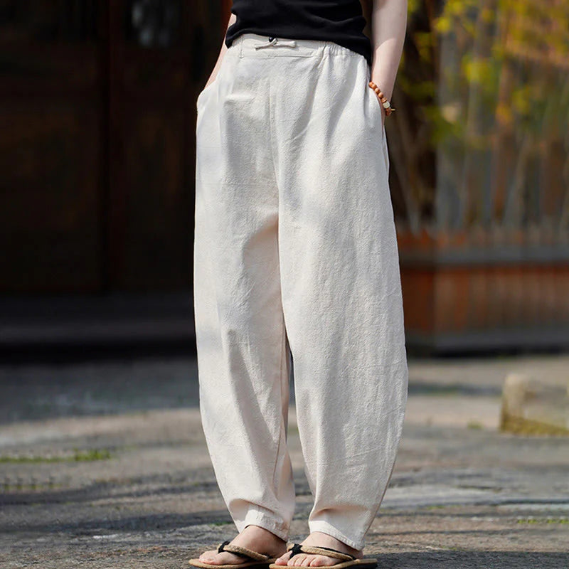 Buddha Stones Summer Plain One Chinese Frog-Button Straight Leg Design Men's Cotton Linen Pants With Pockets