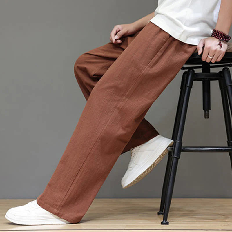 Buddha Stones Summer Men's Cotton Linen Straight Leg Pants With Pockets