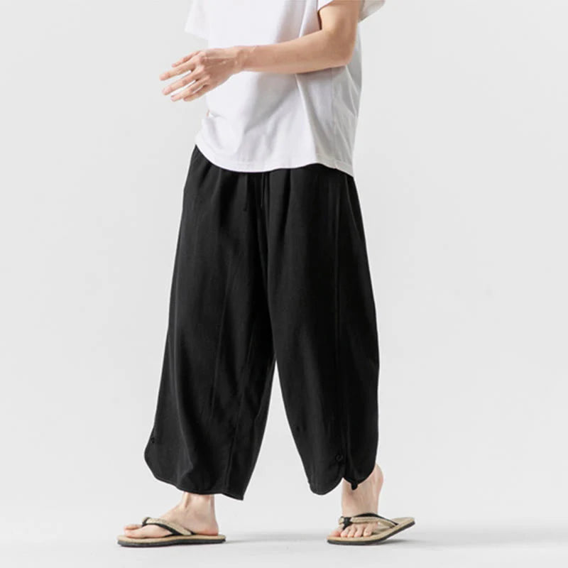 Buddha Stones Summer Plain Drawstring Design Linen Cotton Men's 7-8 Length Pants With Pockets