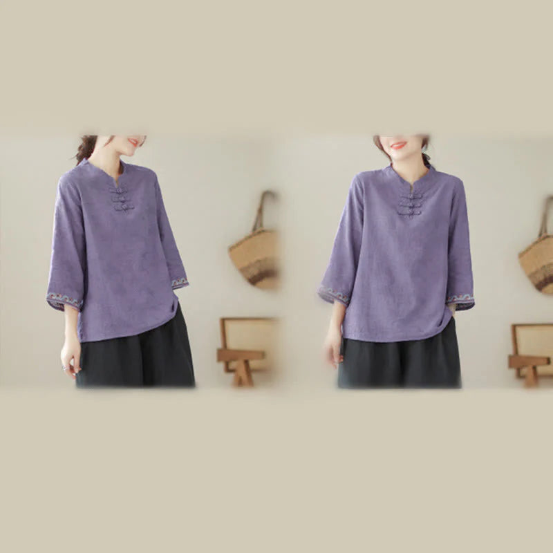 Buddha Stones Jacquard Frog-button Stand Collar Embroidered Three Quarter Sleeve Design Women's Cotton Shirt