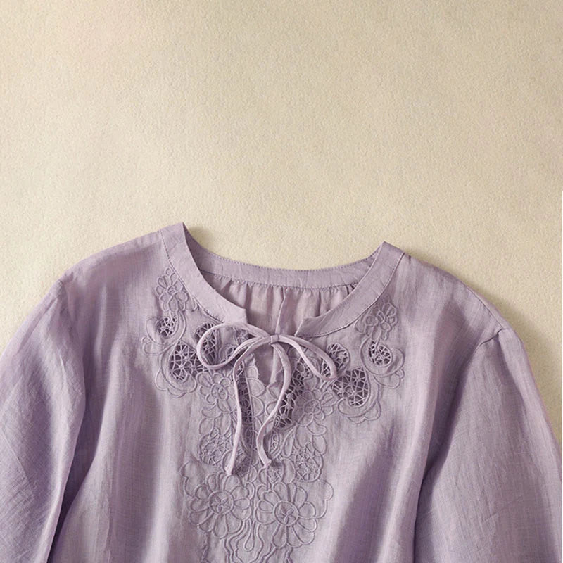 Buddha Stones Summer Embroidery Flower Lace-up Design Notched Collar Women's Short Sleeve Shirt