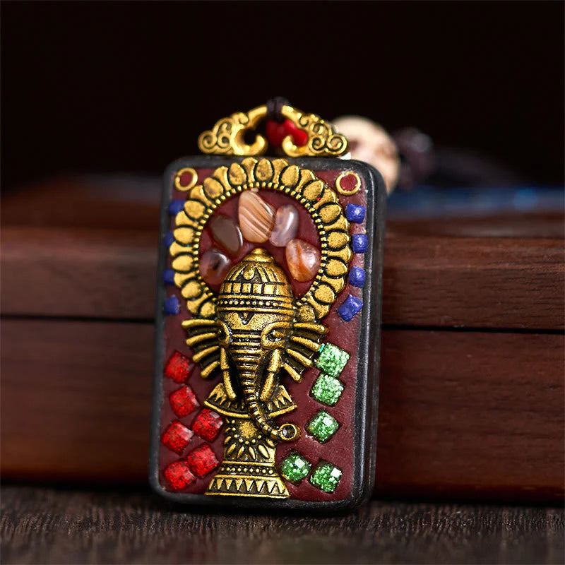 Buddha Stones Tibetan Ganesh Ganpati Elephant Ebony Wood Rope Peace Necklace Pendant