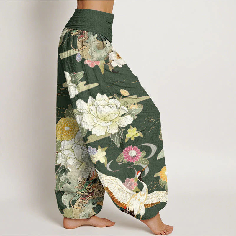 Buddha Stones Cotton Casual Dragon Red-crowned Crane Peony Flower Pattern Women's Elastic Waist Harem Pants