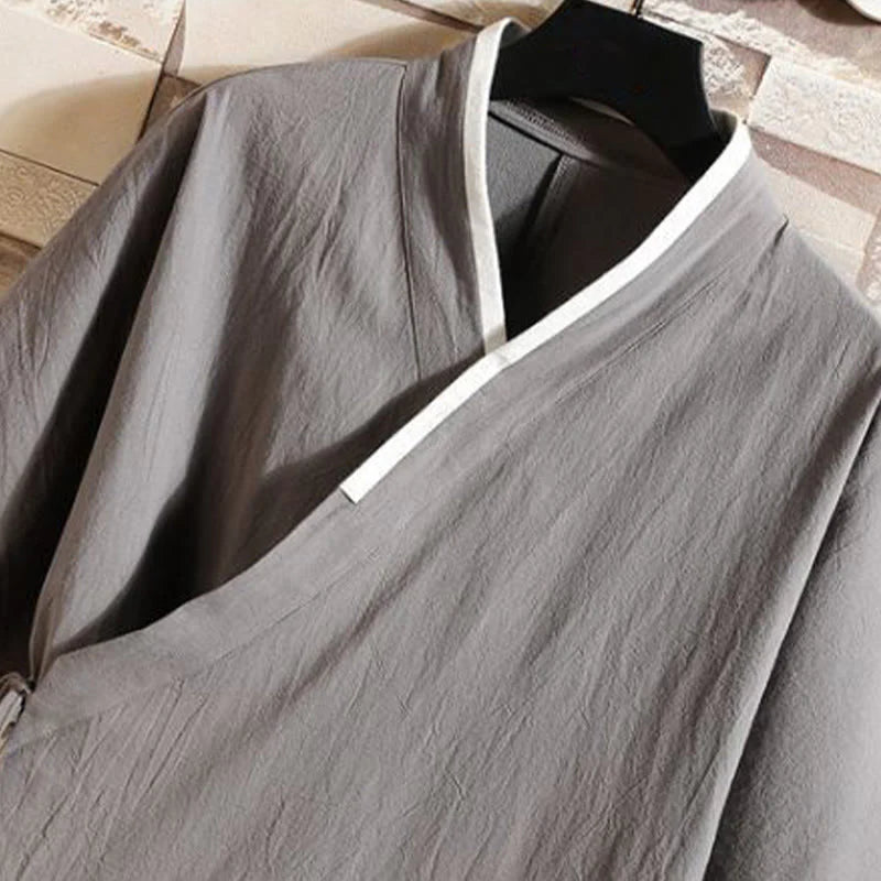 Buddha Stones Embroidered Crane Auspicious Cloud Pattern Open Front Short Sleeve Jacket Men's Cotton Kimono