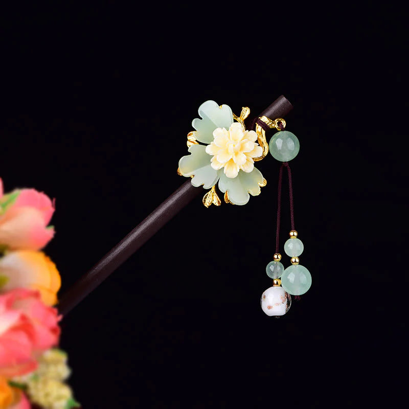 Buddha Stones Green Yellow White Flower Liuli Glass Wood Hairpin
