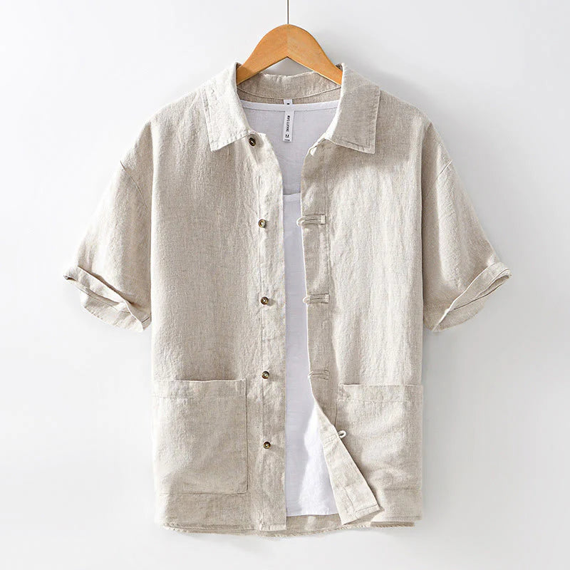 Buddha Stones Solid Color Buttons Men's Short Sleeve Linen Shirt With Pockets
