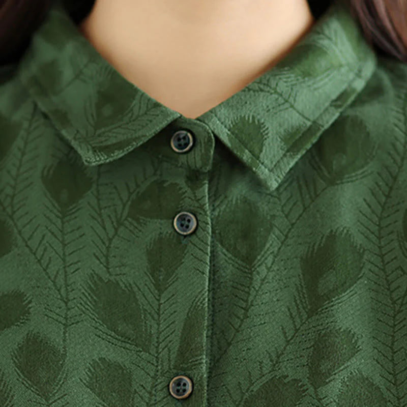 Buddha Stones Leaf Pattern Stand Collar Long Sleeve Cotton Midi Dress With Pockets