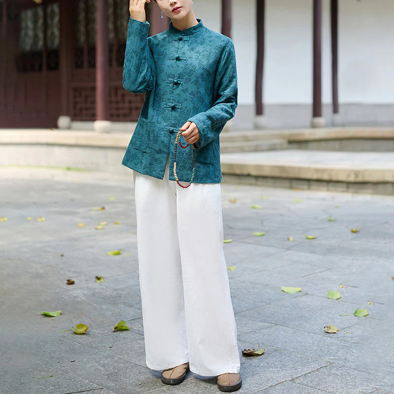 Buddha Stones Frog-Button Long Sleeve Cotton Jacquard Women's Shirt Pants With Pockets