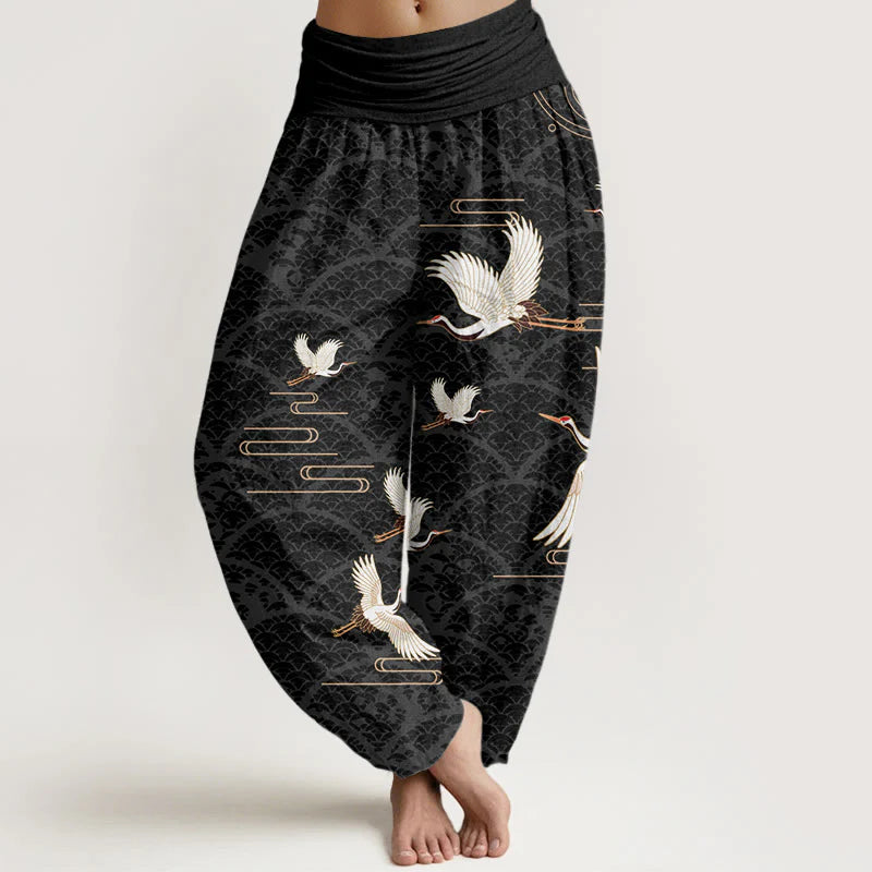 Buddha Stones Print Cranes Wave Pattern Women's Elastic Waist Harem Pure Cotton Pants