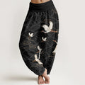 Buddha Stones Print Cranes Wave Pattern Women's Elastic Waist Harem Pure Cotton Pants