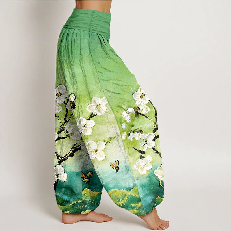 Buddha Stones Cotton Colourful Flower Butterfly Bee Pattern Women's Elastic Waist Harem Pants