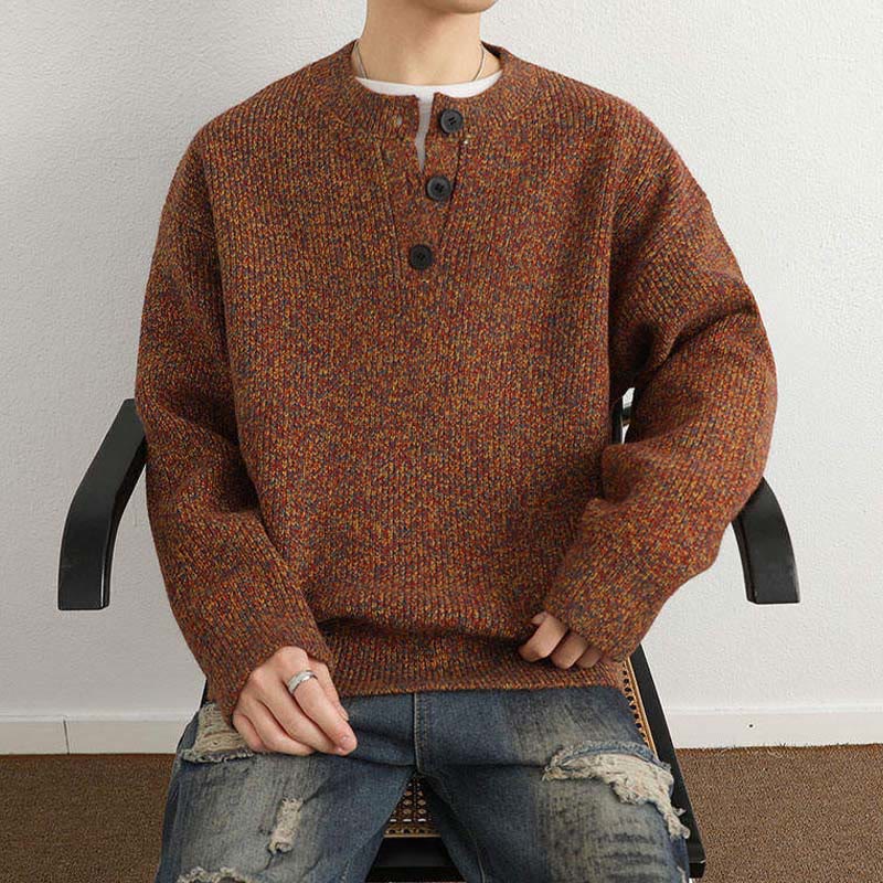 Buddha Stones Winter V-Neck Buttons Ribbed Design Warm Men's Long Sleeve Knitted Sweater